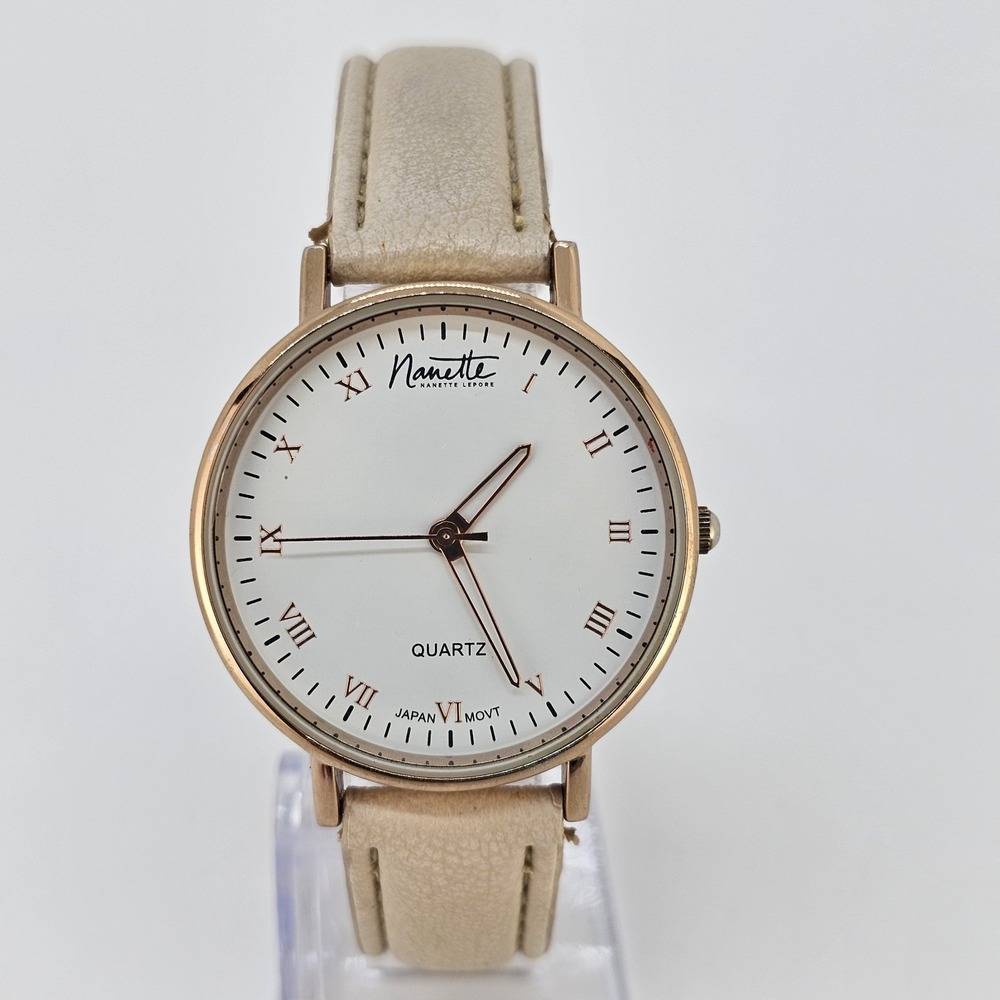 Women's Analog Watch 36MM White Dial Cream Faux Leather Bands NEW Battery
